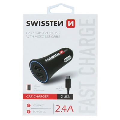 SWISSTEN CAR CHARGER 2,4A POWER WITH 2x USB + CABLE MICRO USB 20110900