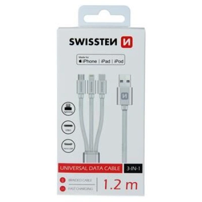 DATA CABLE SWISSTEN TEXTILE 3in1 MFi 1,2 M SILVER (Lightning, USB-C, Micro USB) 72501102