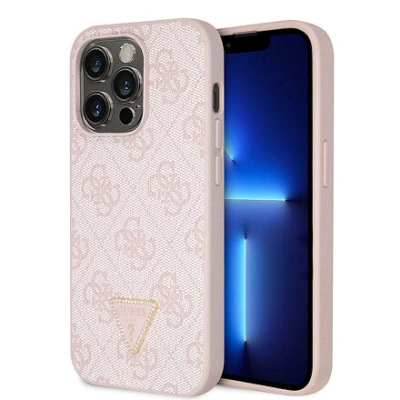 Guess PU 4G Strass Triangle Metal Logo Zadní Kryt pro iPhone 15 Pro Pink GUHCP15LP4TDPP