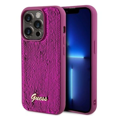 Guess Sequin Script Logo Zadní Kryt pro iPhone 14 Pro Magenta GUHCP14LPSFDGSF