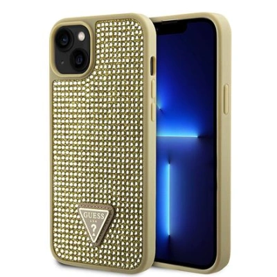 Guess Rhinestones Triangle Metal Logo Kryt pro iPhone 15 Gold GUHCP15SHDGTPD