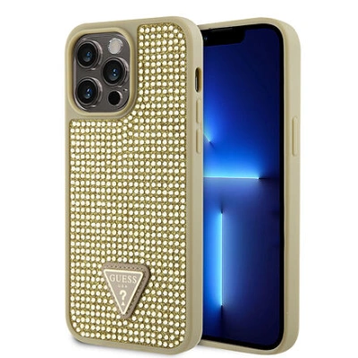 Guess Rhinestones Triangle Metal Logo Kryt pro iPhone 15 Pro Max Gold GUHCP15XHDGTPD