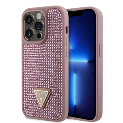 Guess Rhinestones Triangle Metal Logo Kryt pro iPhone 15 Pro Pink GUHCP15LHDGTPP