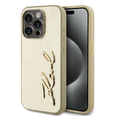 Karl Lagerfeld Wrinkled PU Signature Logo Zadní Kryt pro iPhone 15 Pro Gold KLHCP15LPFMFBKMD