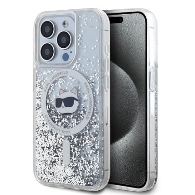 Karl Lagerfeld Liquid Glitter Choupette Head MagSafe Zadní Kryt pro iPhone 15 Pro Transparent KLHMP15LLGCHSGH