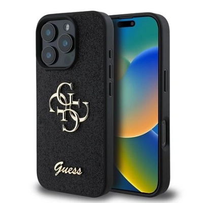 Guess PU Fixed Glitter 4G Metal Logo Zadní Kryt pro iPhone 16 Pro Black GUHCP16LHG4SGK