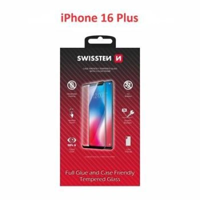 SKLO SWISSTEN FULL GLUE, COLOR FRAME, CASE FRIENDLY PRO APPLE IPHONE 16 PLUS ČERNÉ 54501865