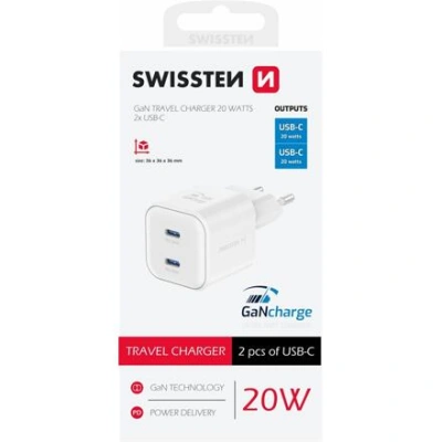 SWISSTEN SÍŤOVÝ ADAPTÉR GaN 2x USB-C 20W POWER DELIVERY BÍLÝ 22070500