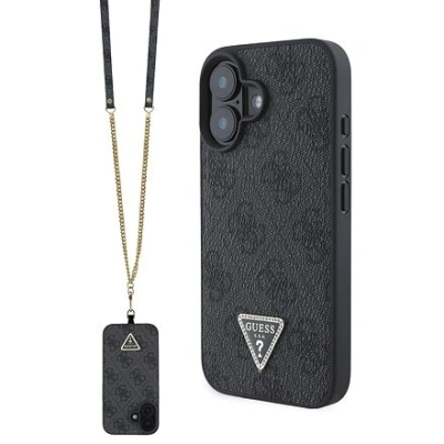 Guess PU 4G Strass Triangle Metal Logo Zadní Kryt + Crossbody Popruh pro iPhone 16 Black GUHCP16SP4TDSCPK