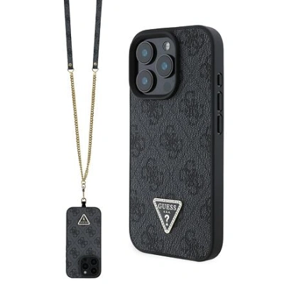 Guess PU 4G Strass Triangle Metal Logo Zadní Kryt + Crossbody Popruh pro iPhone 16 Pro Black GUHCP16LP4TDSCPK