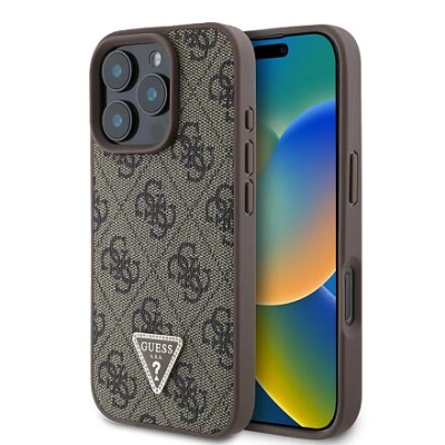 Guess PU 4G Strass Triangle Metal Logo Zadní Kryt pro iPhone 16 Pro Max Brown GUHCP16XP4TDPW