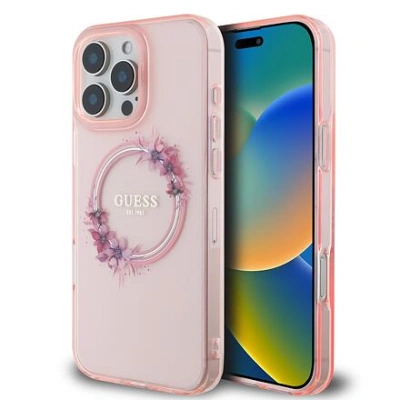 Guess IML Flowers Ring MagSafe Zadní Kryt pro iPhone 16 Pro Pink GUHMP16LHFWFCP